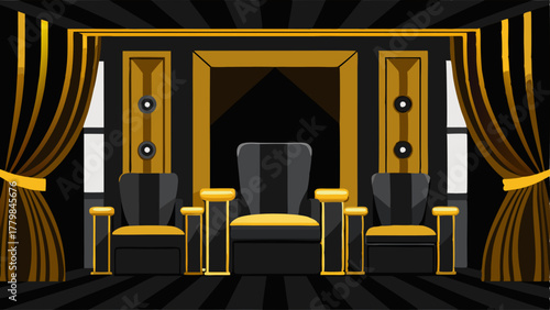 A black and gold themed home theater with luxurious black leather recliners and gold accented curtains.