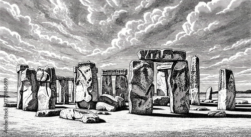 Ancient Monumental Stone Structures Under Dramatic Cloudy Skies Artistic Illustration