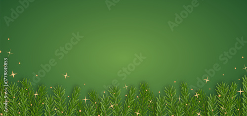 Christmas background with evergreen fir branches and gold sparkle on green. Festive xmas winter banner with copy space, holiday 3d vector template for cards, Happy New Year posters, invitations.