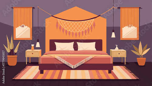 A bedroom with a handwoven macrame tapestry hanging above the bed adding texture and warmth to the room.