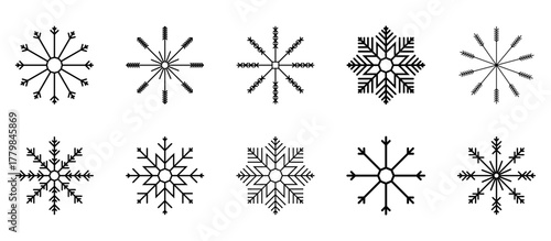 Snowflake icons set. Minimal outline style snowflakes geometric winter snow symbol isolated on white. Vector snowflake line collection for Christmas or New Year decor, patterns, stickers, invitations.