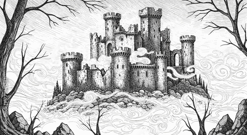 Mysterious ancient ruined castle perched on a rocky outcrop enveloped in swirling mist fantasy illustration