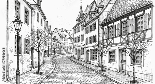 Historic European Town Street Scene with Cobblestone Road and Old Buildings Hand Drawn Illustration