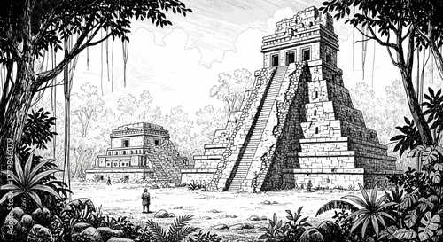 Ancient Mayan Temple Complex Ruins in Dense Jungle Surrounded by Lush Vegetation Black and White Ink Illustration