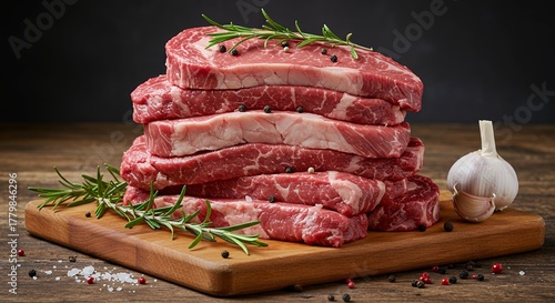 Raw Steaks Stacked with Rosemary on Wooden Board