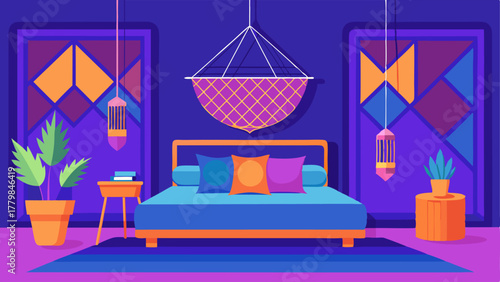 A bedroom with a geometric wallpaper in bright shades of purple and blue a hanging macramé plant holder and a platform bed with a velvet orange bedspread.