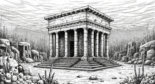 Ancient Greek Temple Ruin Underwater Scene With Coral Reef And Rocks Detailed Illustration