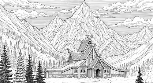 Detailed ink drawing of a fantasy medieval village nestled in a snowy mountain valley