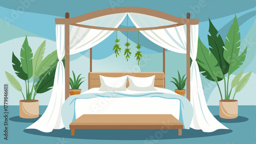 A bedroom with a canopy bed made of lightcolored driftwood dressed in white linens and adorned with a few potted plants for a touch of tropical charm.