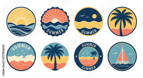 Collection of eight circular summer-themed badges with various beach and ocean designs.