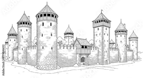 Medieval Castle Fortress Illustration Architectural Design Drawing With Towers Walls And Battlements Isolated On White Background