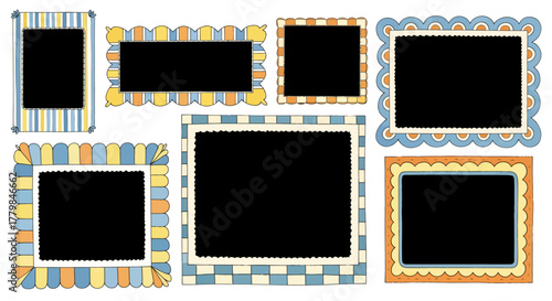 A collection of seven decorative photo frames with scalloped edges and colorful patterns.