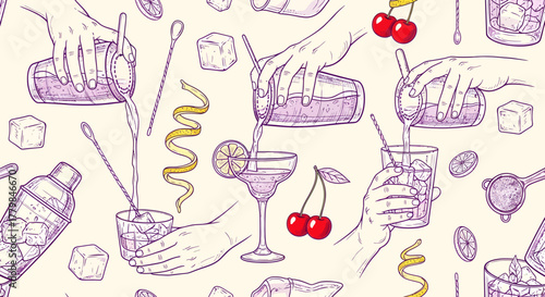 Seamless pattern of hand-drawn cocktail making process with shakers, glasses, ice, and garnishes in a vintage sketch style.