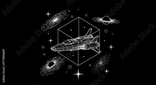 A detailed illustration of a spaceship surrounded by galaxies and celestial bodies.