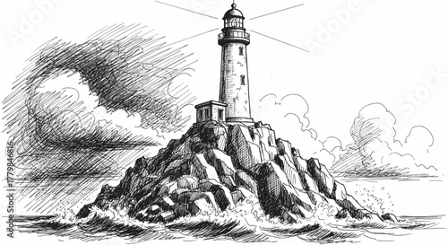 Dramatic lighthouse standing tall on rocky island guiding ships through stormy seas illustration