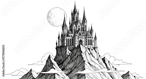 Gothic Castle Perched on Mountain Peak Under a Full Moon an Eerie Atmosphere