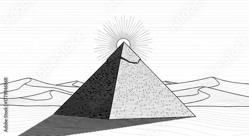 Ancient Egyptian Pyramid Symbolizing Mysticism and Enlightenment Emerging from Desert Sands Stylized Art
