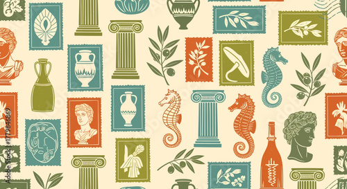 A repeating pattern featuring various classical elements, including columns, vases, and seahorses.