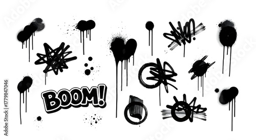 Black spray paint graffiti elements, including drips, splatters, and the word "BOOM!".