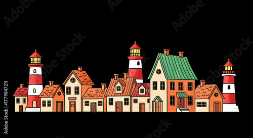 Cartoon illustration of a row of houses and lighthouses on a black background.