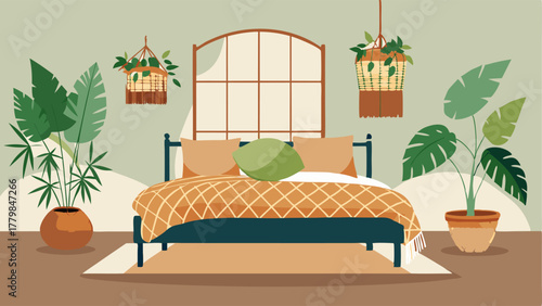 A bedroom with a rattan bed frame a mix of patterned throw pillows and a hanging planter filled with tropical vines.