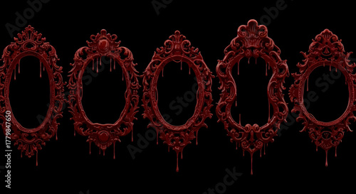 A set of five ornate, gothic-style picture frames dripping with dark red blood against a black background.