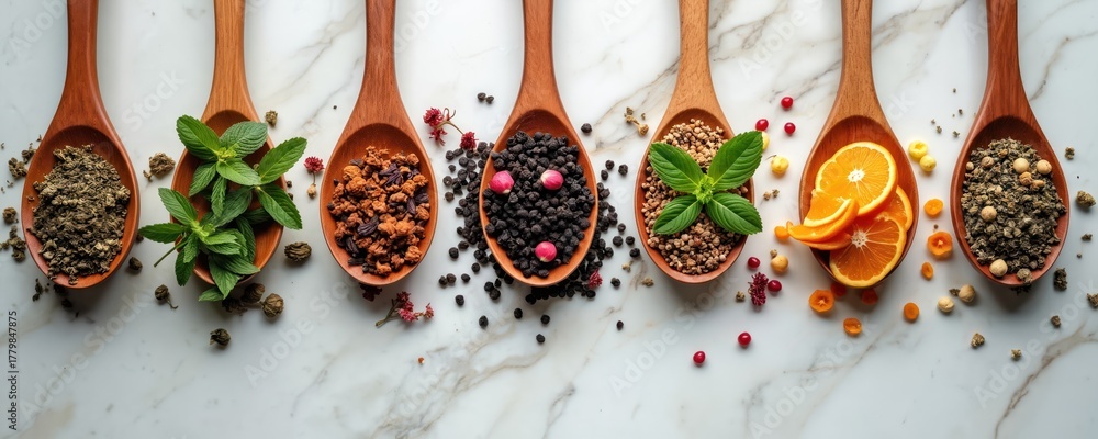 Obraz premium Various dry teas in wooden spoons on stone surface. Assortment of herbal infusions with herbs, flowers, fruits, berries. Healthy beverages for wellness, healthcare. Concept of organic tea shops.