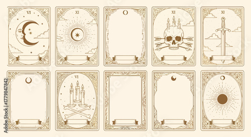 A collection of ten vintage-style tarot card illustrations with celestial and symbolic imagery on a textured background.