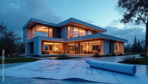 Modern luxury house exterior. Architectural design blueprint on patio in front. Construction planning and building project concept. Evening twilight illumination of home.
