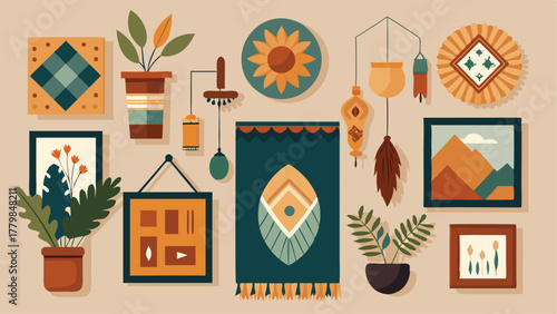 A bohemian inspired gallery wall featuring a mix of vintage frames prints and woven wall hangings.