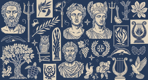 A detailed illustration featuring various symbols and busts associated with Greek mythology.