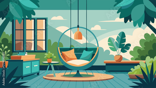 A bedroom with a hanging chair suspended from the ceiling overlooking a lush indoor garden.