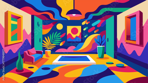 A bold abstract painting in vibrant colors serving as a focal point in a room filled with various textures and patterns.