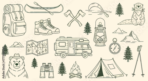 A collection of hand-drawn icons representing camping, hiking, and outdoor adventure.