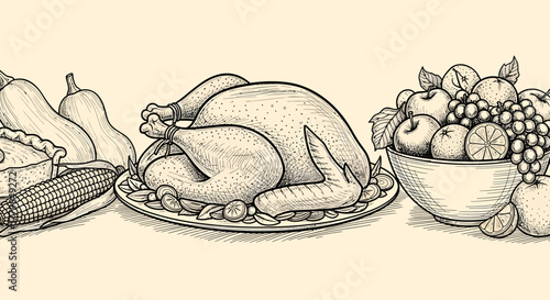 A detailed illustration of a Thanksgiving feast featuring a roasted turkey, pie, corn, and a bowl of fruit.