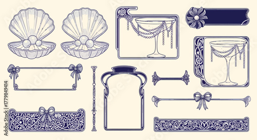 A collection of elegant Art Nouveau decorative elements featuring frames, borders, shells with pearls, and champagne glasses.