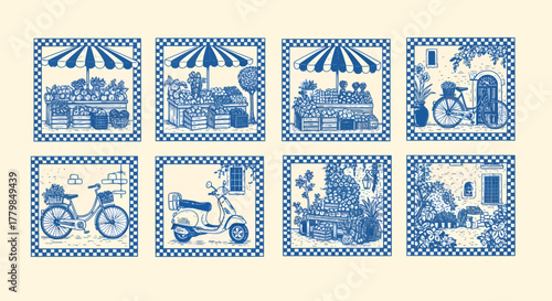A charming collection of eight blue and white illustrations depicting scenes of European village life, including market stalls, bicycles, and scooters.