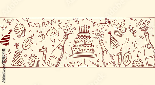 Hand-drawn doodle illustration of various birthday party and celebration elements including cake, champagne, and confetti.