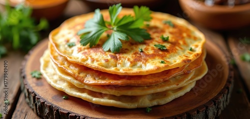 Stack of savory pupusas with cheese and beans, garnished with fresh parsley. These traditional Salvadoran flatbreads are cooked golden brown, offering a hearty and delicious meal.