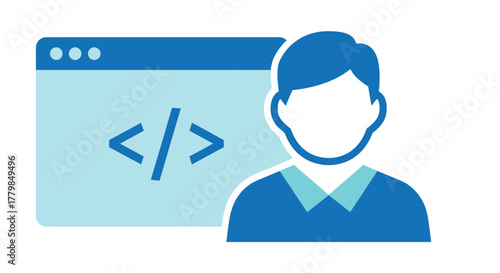 Person with coding symbol displayed on a screen flat design silhouette