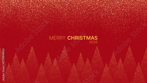 Merry Christmas 2026 greeting text with golden glitter falling on abstract dotted trees. Festive holiday background for winter celebration card.