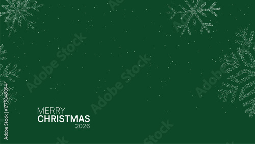 Merry Christmas 2026 greeting text with elegant snowflake decoration on green background. Festive holiday banner for winter celebration.