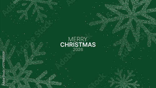 Merry Christmas 2026 text with shimmering snowflake pattern on green background. Festive winter holiday greeting card concept.