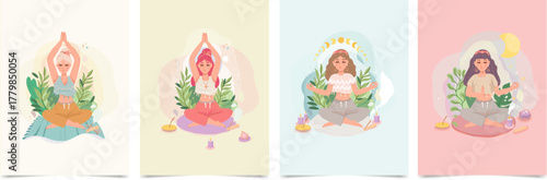 A set of works with yoga asana positions. Spiritual development and mental health
