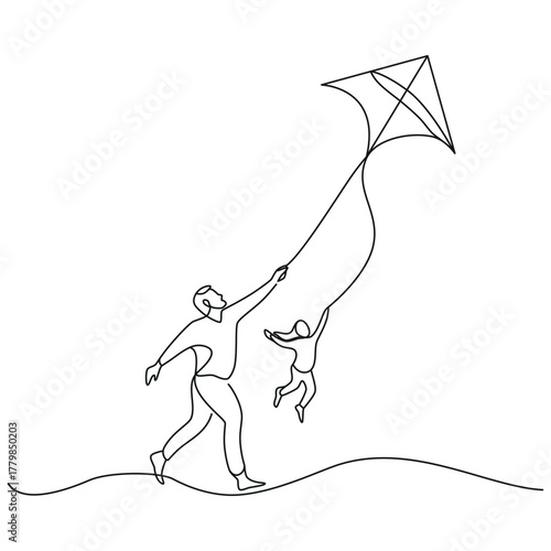 Father and child flying a kite. Vector illustration. Continuous line drawing.
