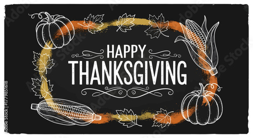 Chalkboard Happy Thanksgiving Banner with Hand-Drawn Harvest Elements