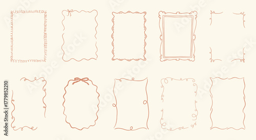 Vector Collection of  hand drawn vintage frames with wavy lines, bows and ribbons.  Modern trendy borders for wedding invitation, birthday card, social media template. whimsical style.