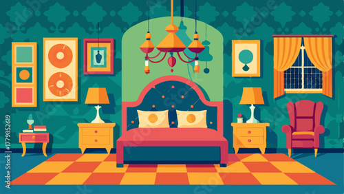A bedroom with a mix of patterned wallpaper and boldcolored walls a vintage chandelier and a collection of eclectic pieces of furniture.