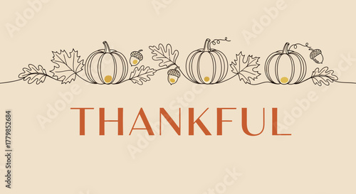 Minimalist Thankful Typography with Autumn Harvest Line Art