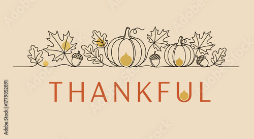Minimalist Thankful Typography with Autumn Harvest Line Art